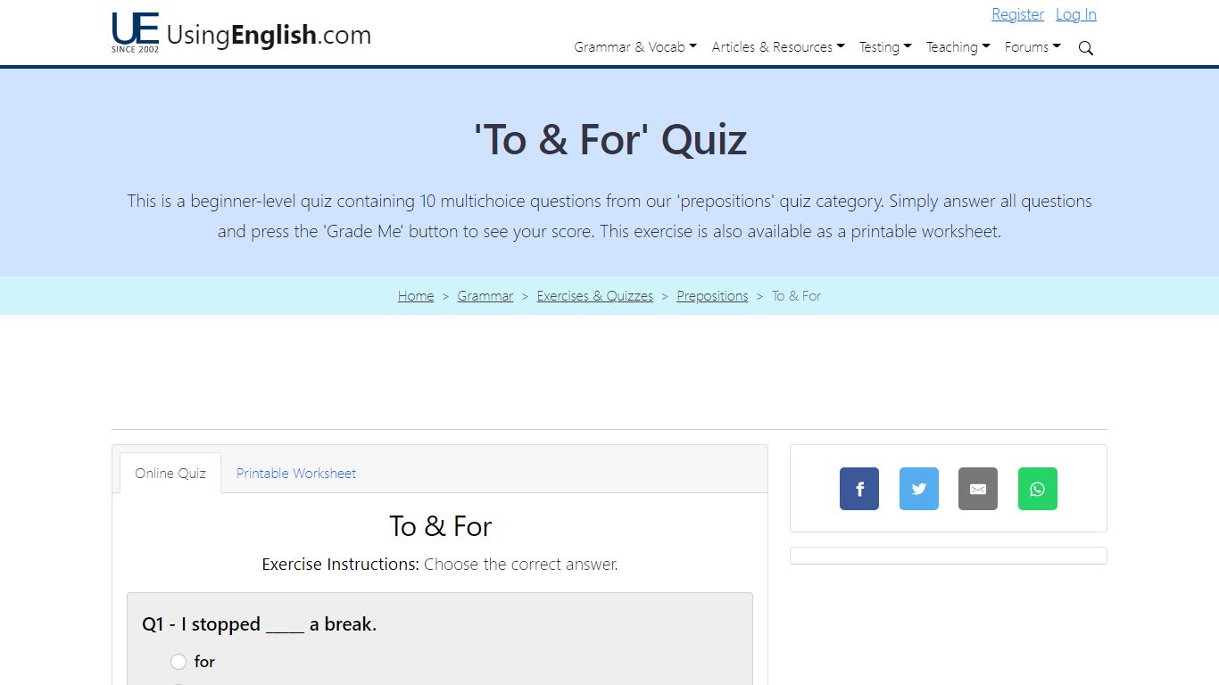 'To & For' Quiz - Exercise & Worksheet - UsingEnglish.com